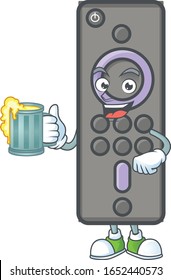 Smiley remote control TV mascot design holding a glass of beer