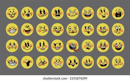 Smiley retro emoji. The faces of cartoon characters of the 30s big set. Vintage comic smile vector illustration