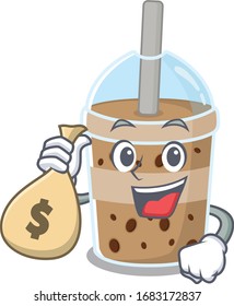 Smiley rich chocolate bubble tea cartoon character bring money bags