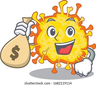 Smiley rich minacovirus cartoon character bring money bags