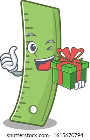 Smiley ruler character with gift in box