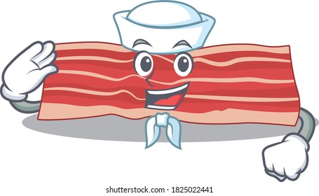 Smiley sailor cartoon character of bacon wearing white hat and tie