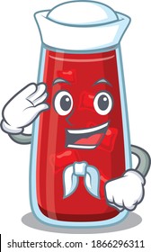 Smiley sailor cartoon character of bloody mary cocktail wearing white hat and tie