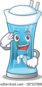 Smiley sailor cartoon character of blue hawai cocktail wearing white hat and tie
