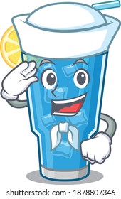 Smiley sailor cartoon character of blue lagoon cocktail wearing white hat and tie