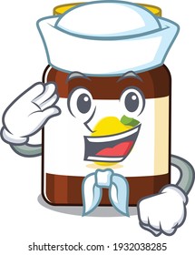 Smiley sailor cartoon character of bottle vitamin c wearing white hat and tie