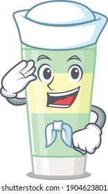 Smiley sailor cartoon character of cleansing foam wearing white hat and tie