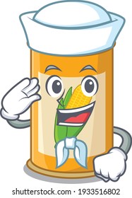 Smiley sailor cartoon character of corn tin wearing white hat and tie