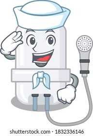 Smiley sailor cartoon character of electric water heater wearing white hat and tie