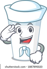 Smiley sailor cartoon character of glass of milk wearing white hat and tie. Vector illustration