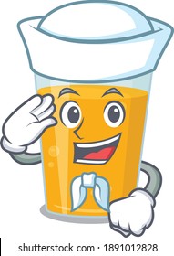 Smiley sailor cartoon character of glass of orange juice wearing white hat and tie. Vector illustration