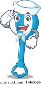 Smiley sailor cartoon character of rattle toy wearing white hat and tie