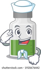 Smiley sailor cartoon character of vitamin syrup wearing white hat and tie