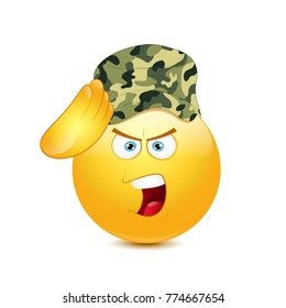 Smiley saluting  in army on a white background