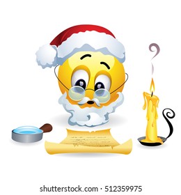 Smiley as Santa Clause reading letters from children. Santa Clause fulfills childrenâ??s wishes. Vector illustration.