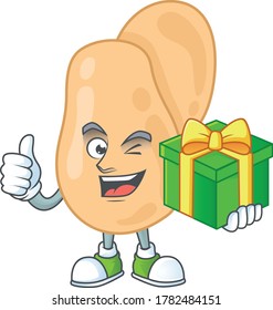 Smiley sarcina cartoon character holding a gift box. Vector illustration