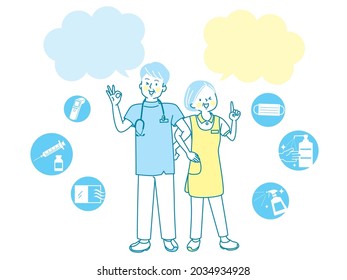 Smiley Senior Healthcare Workers and Medical Icons Explaining Vaccines
