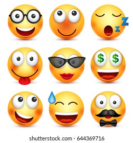 Smiley set with 3d glasses,smiling emoticon. Yellow face with emotions. Facial expression. 3d realistic emoji. Funny cartoon character.Mood. Web icon. Vector illustration.