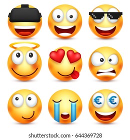 Smiley set with 3d glasses,smiling emoticon. Yellow face with emotions. Facial expression. 3d realistic emoji. Funny cartoon character.Mood. Web icon. Vector illustration.