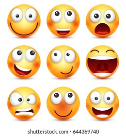 Smiley set,smiling emoticon. Yellow face with emotions. Facial expression. 3d realistic emoji. Funny cartoon character.Mood. Web icon. Vector illustration.