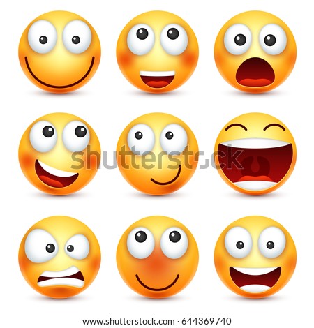 Smiley set,smiling emoticon. Yellow face with emotions. Facial expression. 3d realistic emoji. Funny cartoon character.Mood. Web icon. Vector illustration.
