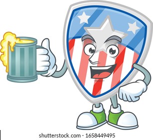 Smiley shield badges USA with star mascot design holding a glass of beer