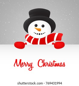 Smiley Snowman on silver background with snowflakes holding a card with wishes. Vector.