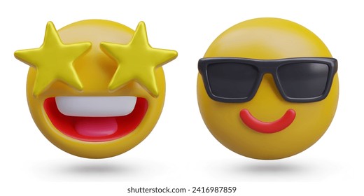 Smiley with stars instead of eyes, face with sunglasses. Vector isolated models to show cool mood. Good impression. Relax and party concept. Amazing choice