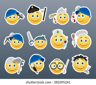 Smiley stickers of various professions gathered in a small set of