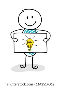 Smiley stickman holding board with bulb (idea symbol) icon. Vector.