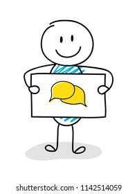 Smiley stickman holding board with chat icon. Vector.