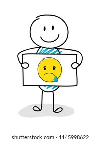 Smiley stickman holding board with crying emoji  icon. Vector.