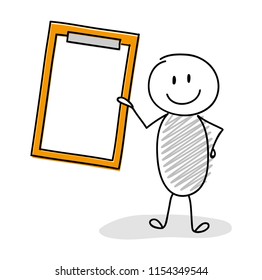 Smiley stickman holding empty clipboard. Vector.