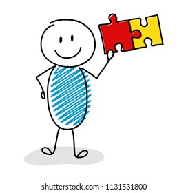 Smiley stickman with puzzle (success concept) icon. Vector.