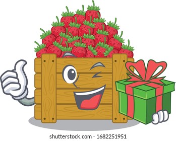 Smiley strawberry fruit box cartoon character having a gift box