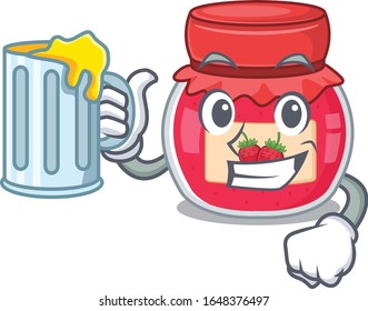 Smiley strawberry jam mascot design with a big glass