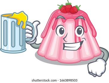 Smiley strawberry jelly mascot design with a big glass