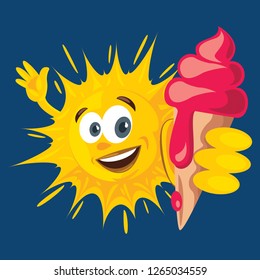 Smiley summer sun character with ice cream corn 