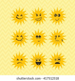 Smiley sun set, emotions set, summer icons, sun sticker face
