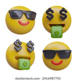 Smiley in sunglasses with mouth full of money. Cool dude. Unexpected wealth, profit. Dollar signs instead of eyes. Set of vector realistic images in different positions