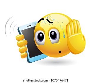 Smiley talking on a phone. Vector illustration of a smiley having unpleasant phone call.
