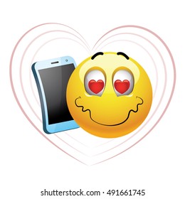 Smiley talking on a phone. Vector illustration of a smiley in love chatting on his cell phone.