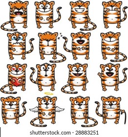 Smiley tigers individually grouped for easy copy-n-paste. Vector.