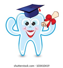 Smiley tooth wearing a graduation cap and holding a diploma.