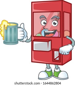 Smiley toy claw machine mascot design holding a glass of beer