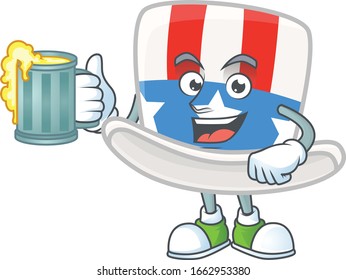 Smiley uncle sam hat mascot design holding a glass of beer