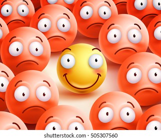 Smiley vector character the only  smile face showing happiness and positivity in the crowd of unhappy smileys. Vector illustration.
