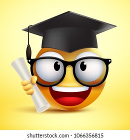 Smiley vector emoticon student smiling holding  diploma and wearing black hat for graduation in yellow background. Vector illustration.
