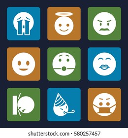 smiley vector icons. Set of 9 smiley filled icons such as smiling emot, angry emot, emoji angel, crying emoji