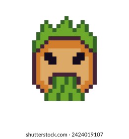 Vómito sonriente, rompe el arte de píxeles emoticonos cara de asco con cabello verde, enfurecido icono de estilo plano de 8 bits. Ilustración vectorial aislada.